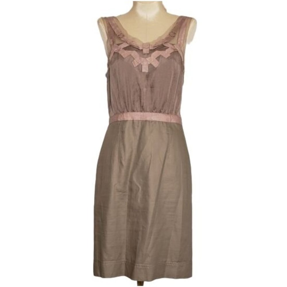 Ann Taylor LOFT  Taupe Tule and Ribbon Trim Mixed Media  A-Line Dress Size 4P